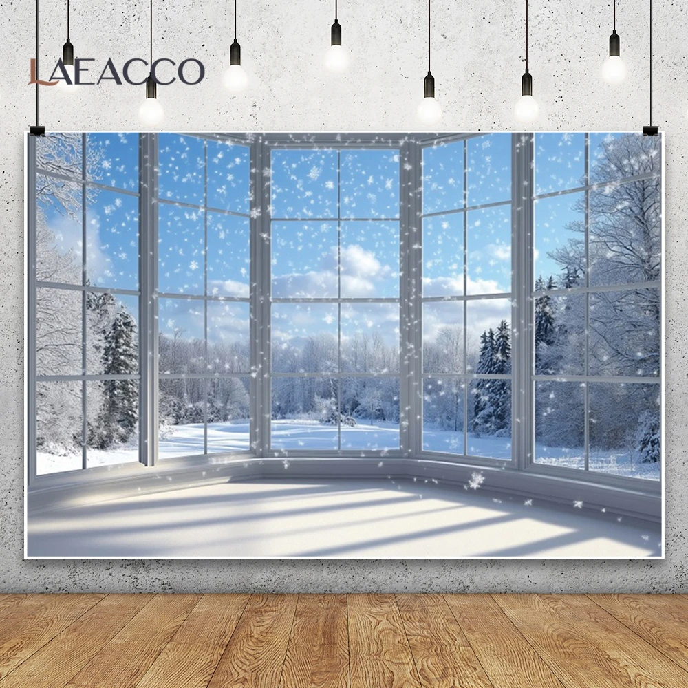 Winter Snow Forest Window Photography Background Blue Sky Falling Snowflakes Christmas Home Wall Decor Banner Portrait Backdrop