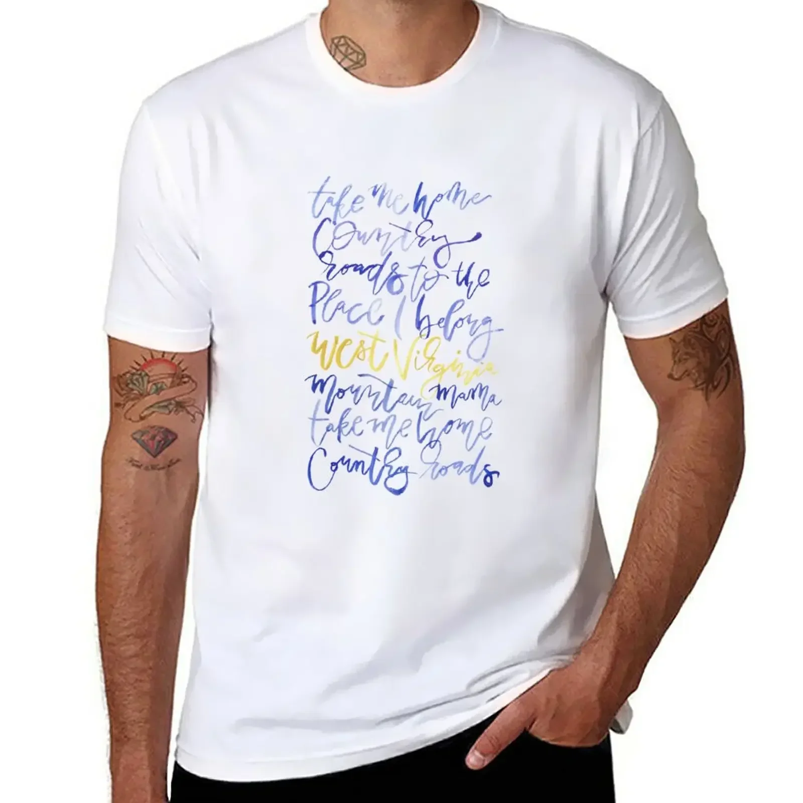 Take Me Home Country Roads Watercolor Lyrics T-Shirt summer top cotton t shirts for men pack mens designer clothes Round Collar