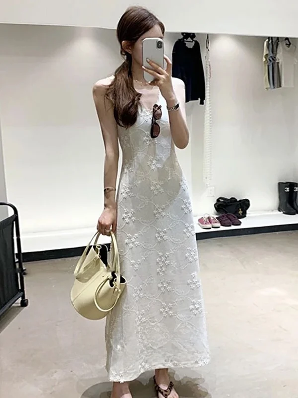 

Ele 2025 Summer New Women's Strap Dr Waist Cinched Floral Embroidery Long Skirt Beautiful Aosphere Commute Sle Dr