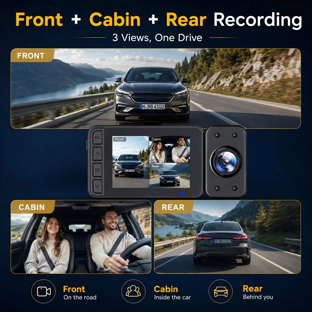 1080P 3‑Channel Dash Cam Front Inside Cabin Rear,Night Vision,G‑Sensor Car DVR Video Recorder
