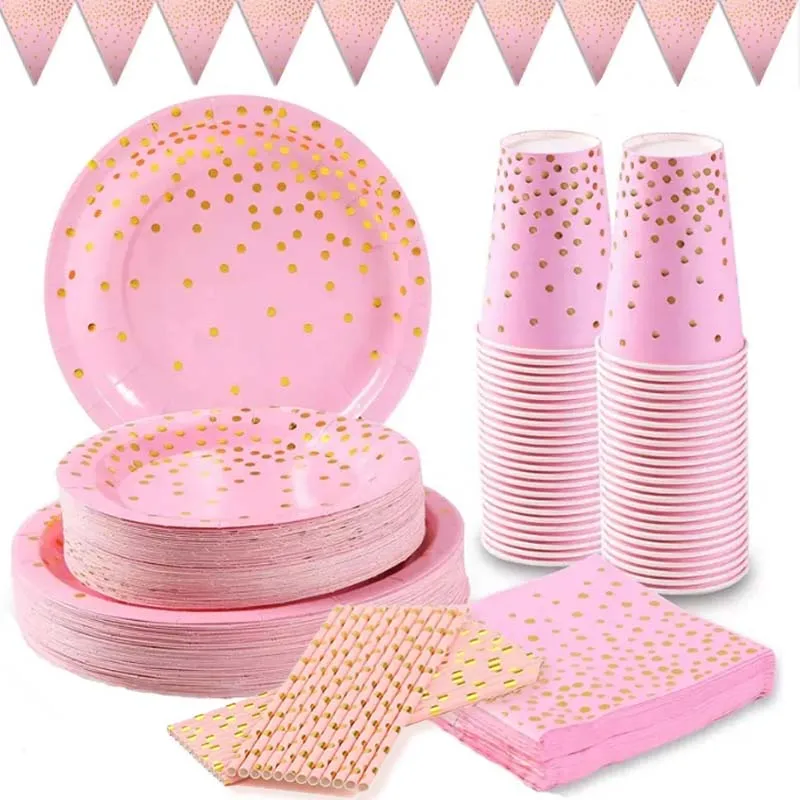 Das Partyset in Roségold enthält Teller, Taschentücher, Pappbecher, Strohhalme, geeignet für Geburtstage, Partys, Hochzeiten.