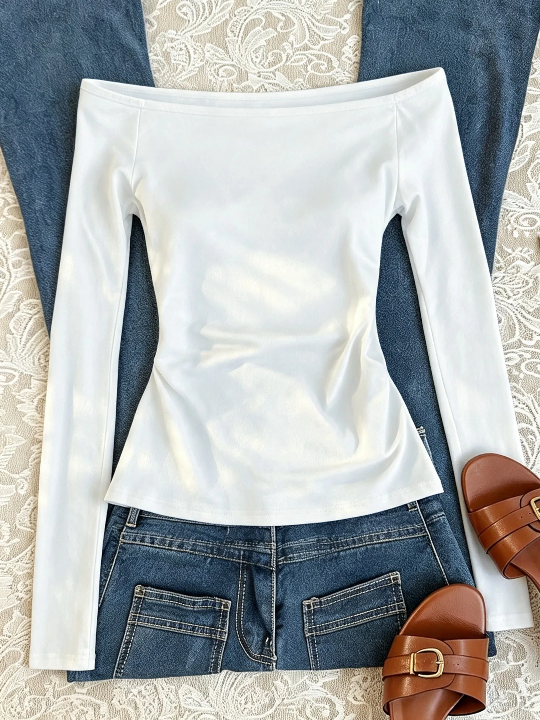 Women Off Shoulder Long Sleeve Slim Fit Top Solid Basic Fitted Elegant Casual Going Out Blouse