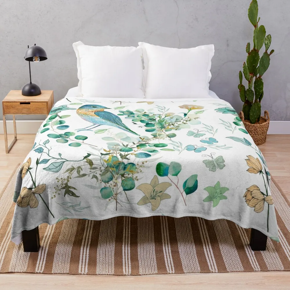 Turquoise Blossom and Birdsong Secret Garden Throw Blanket Beautifuls Moving Soft Plaid sofa bed Blankets