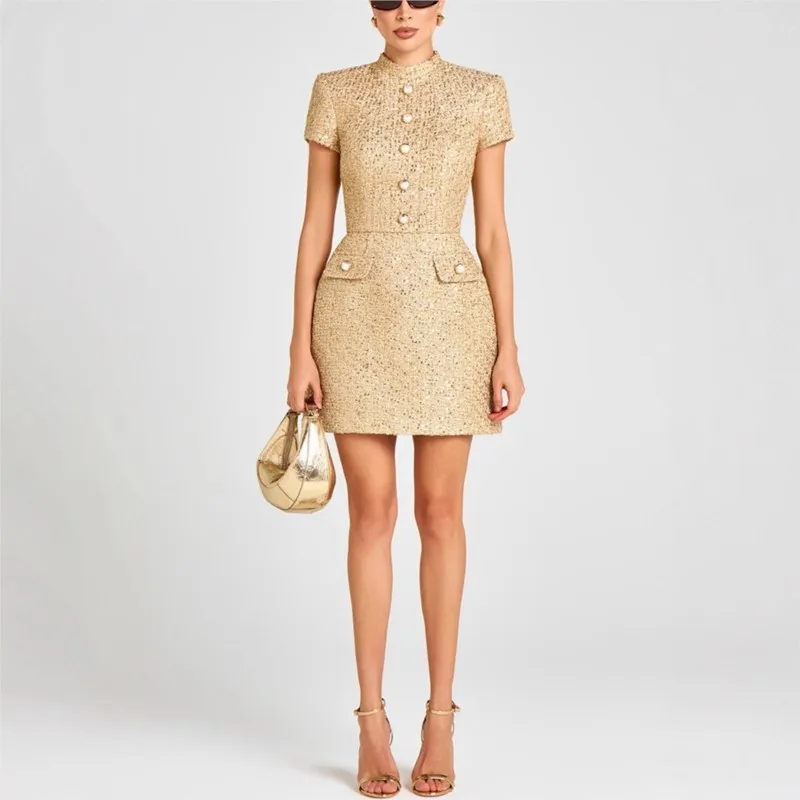 

2026 New Dresses Fashion Round Neck Short Sleeves High Waist Mini Dress Female Elegant Simple Patchwork Chic Party Dress