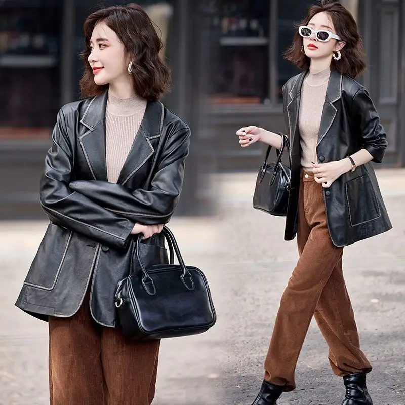 Women's Spring Autumn Leather Jacket Outerwear Tops Suit Collar Vintage Button Loose Line Sense Fashion Premium Design Leisure