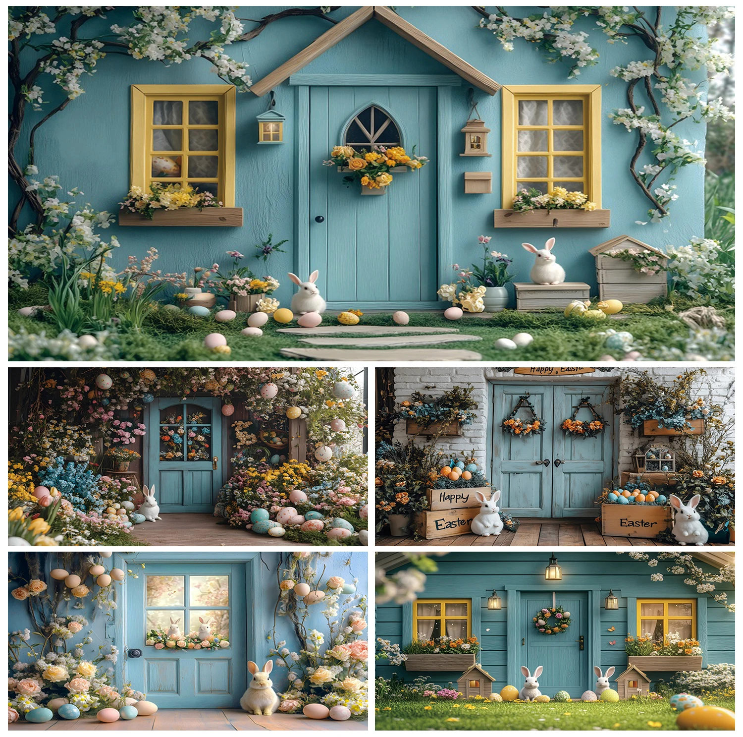 

Spring Easter Scene Garage Door Decoration Banner Photography Backdrop Flowers Eggs Rabbit Bunny Wooden House Party Background