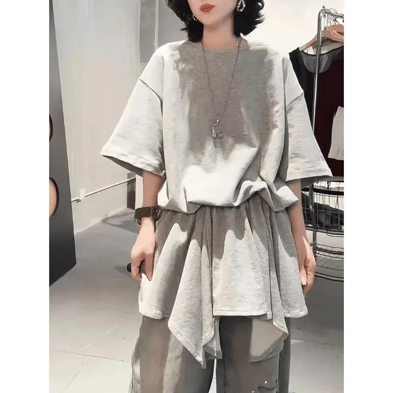 Plus Size Women Loose Lazy Style Short Sleeve T Shirt Irregular Spliced Hem Swing Top Casual Summer Oversized Fit Blouse