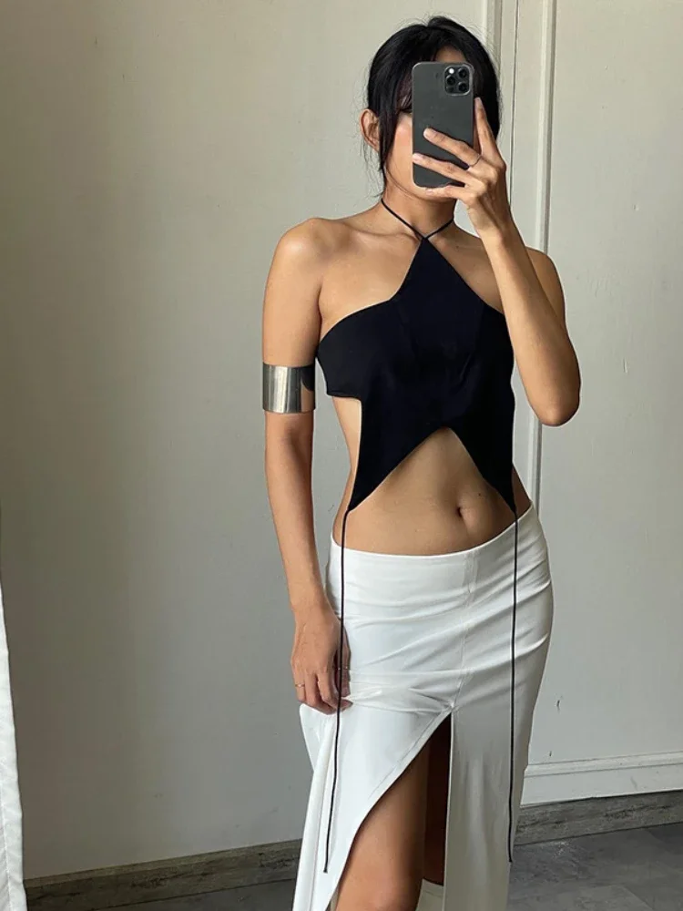 Pentagram Lace-Up Women Clothing Black Short Crop Tops Slim Casual Sleeveless Y2k Tank Top Trendy Sexy Streetwear Ropa De Mujer
