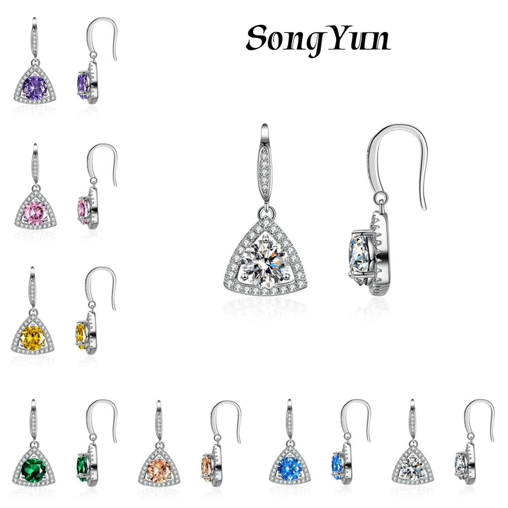 SY Luxury Jewelry 925 Sterling Silver Earrings Drop Pendant Round CZ Gemstones Drop Pendant Triangle Earrings s925 Fine Jewelry