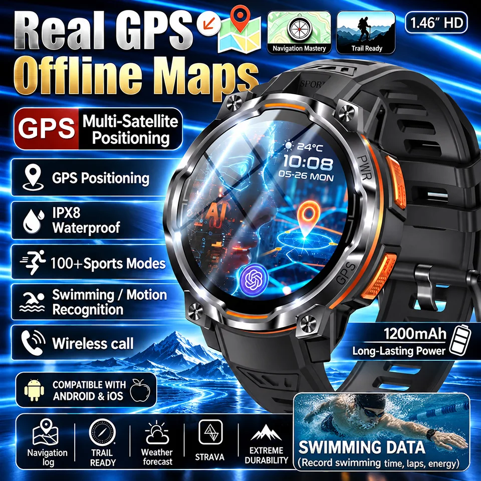 Real GPS Offline Maps Smart Sport Watch 1200mAh Battery Compass Swim Waterproof GPT AI Health Bluetooth call High-end Smartwatch