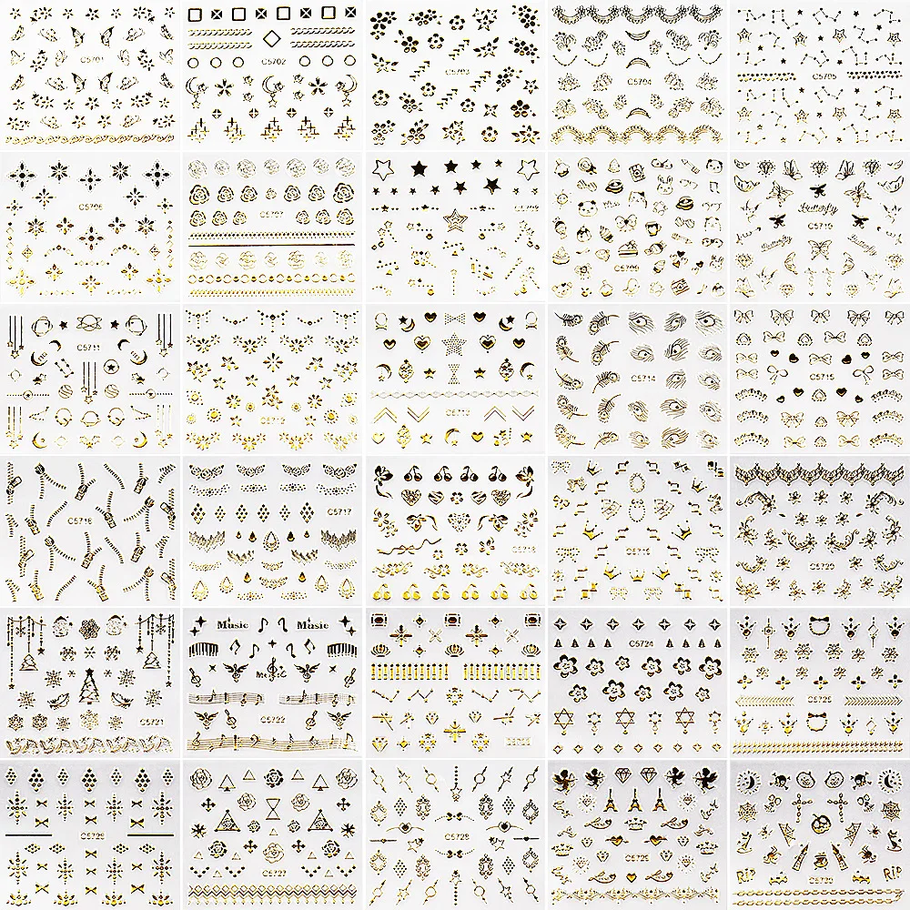 30-teiliges Set Europäischer & Amerikanischer Stil Goldene Nagelkunst-Aufkleber mit 3D-Stern- & Feder-Designs