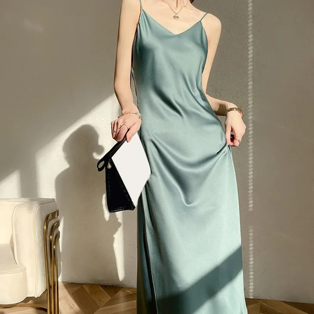 Satin Women Slip Long Dress Sexy V-Neck Sleeveless Backless Female Maxi Dresses Spring New Elegant Loose Lady Robes