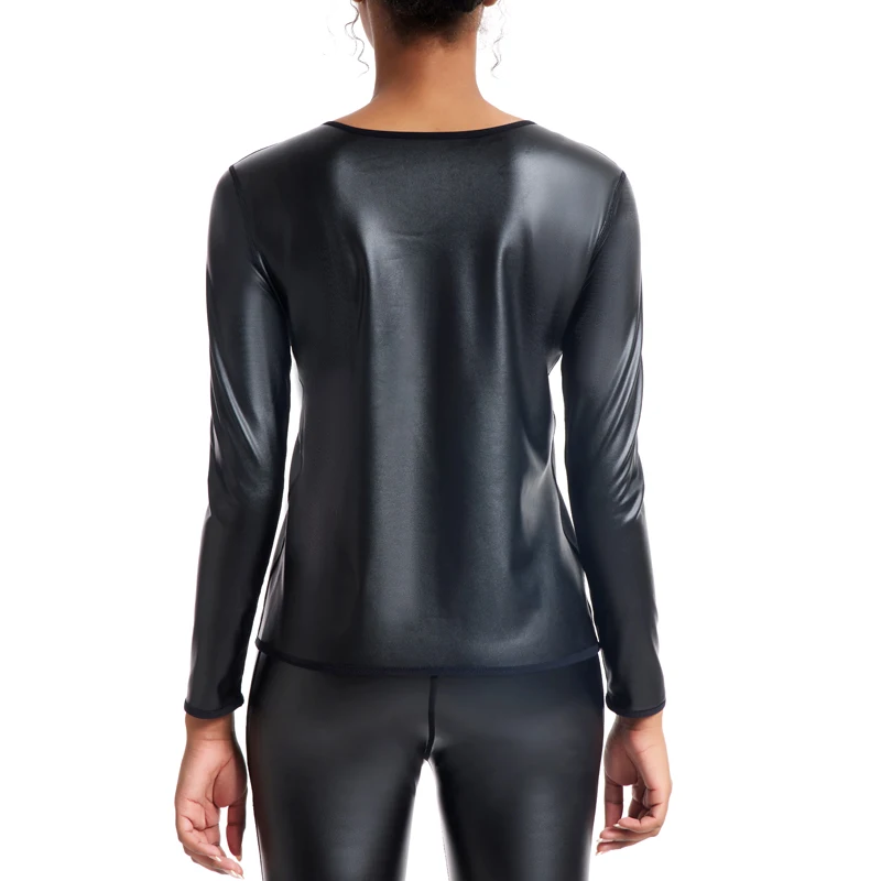 Women Body Shaper Leather Long Sleeves Shirts Faux Motorcycle Biker tops Waist Trainer Slim Tshirt Fashion Casual Shapewear tops