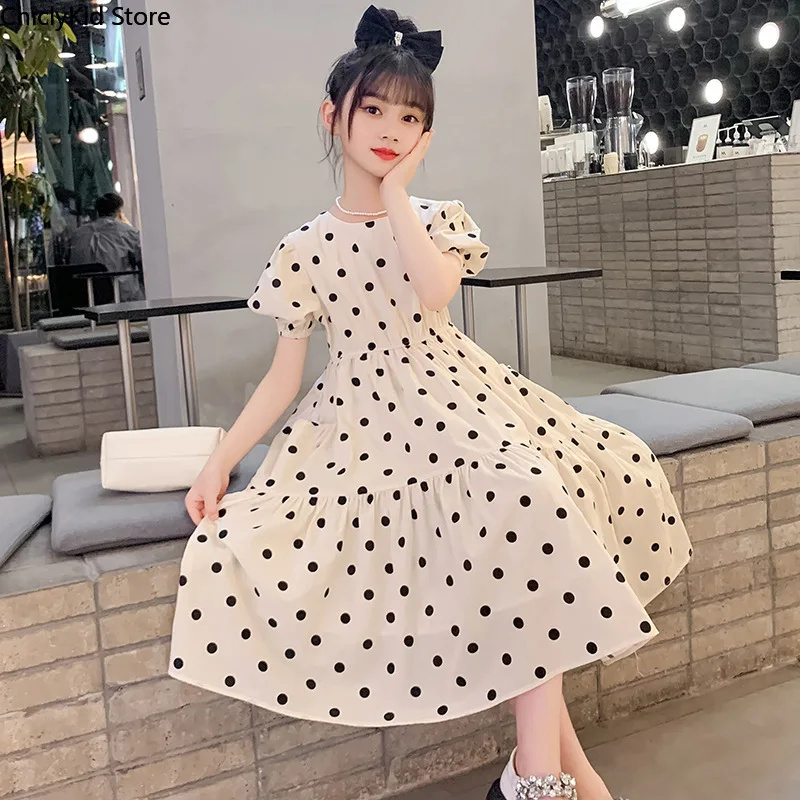 Girls Elegant Polka Dot Princess Dress Children Fashion Tutu Maxi Dress Kids Teens Summer Cotton Jumper Skirt 2-Colors 4-13 Year