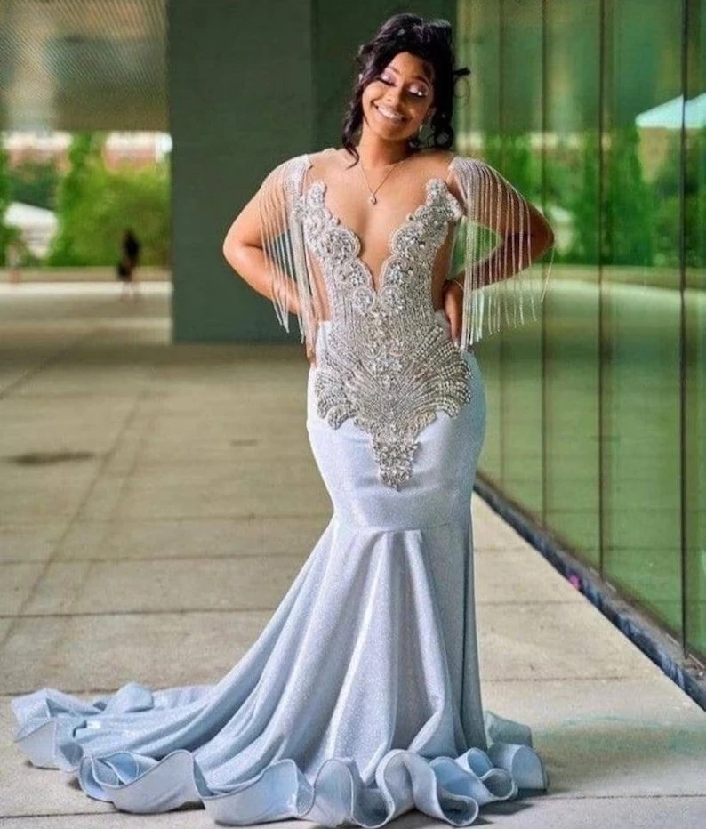 Sexy Sheer Women Long Black Girls Prom Dresses Top Luxury Beaded Diamond Mermaid Prom Gowns Evening Gala Party