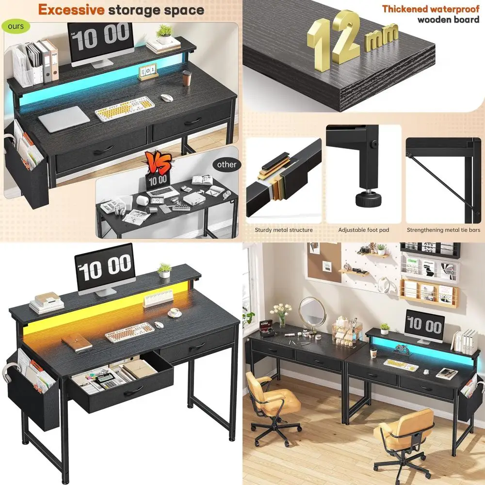 

LED-Illuminated Gaming Desk with Fabric Drawers, 39.4 Compact Home Office Desk with Side Shelf and Ergonomic Monitor Stand, Anti