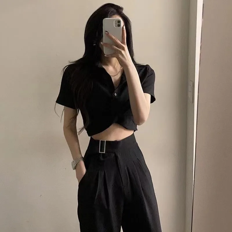 

Retro Knot Collar Slim Fit High Waist irt Button Design ort Sle Trendy Women's Busin Casual Pure Color T-irt