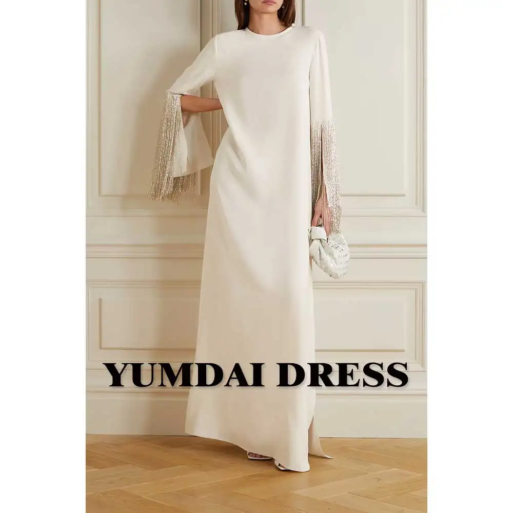 YUMDAI-vestido de noche de manga larga con flecos para mujer, vestido Formal de Dubái para mujer, Beige, crepé, ocasión especial, vestido para mamá, 2023