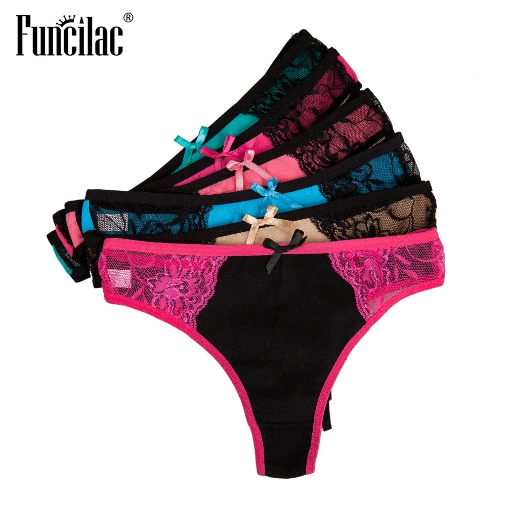 Women Sexy Lace G-Strings Cotton Thongs Bikini Panties Ladies Underpants Briefs Set Stripe Underwear Lingerie 5 Pcs/lot