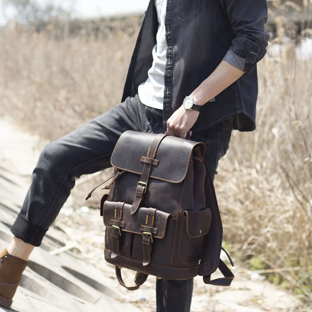 S.WORKER Vintage Echtleder-Rucksack für Herren, Reise-Vintage-Crazy-Horse-Schultasche, Große Laptop-Schultertasche aus Rindsleder für Männer – Detail 4