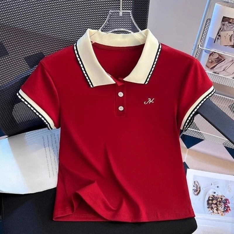 Women's Short Sleeve Polo T-Shirt Regular Shoulder Cotton Blend Contrast Color Design Slim Fit Short Length Summer Top for Women