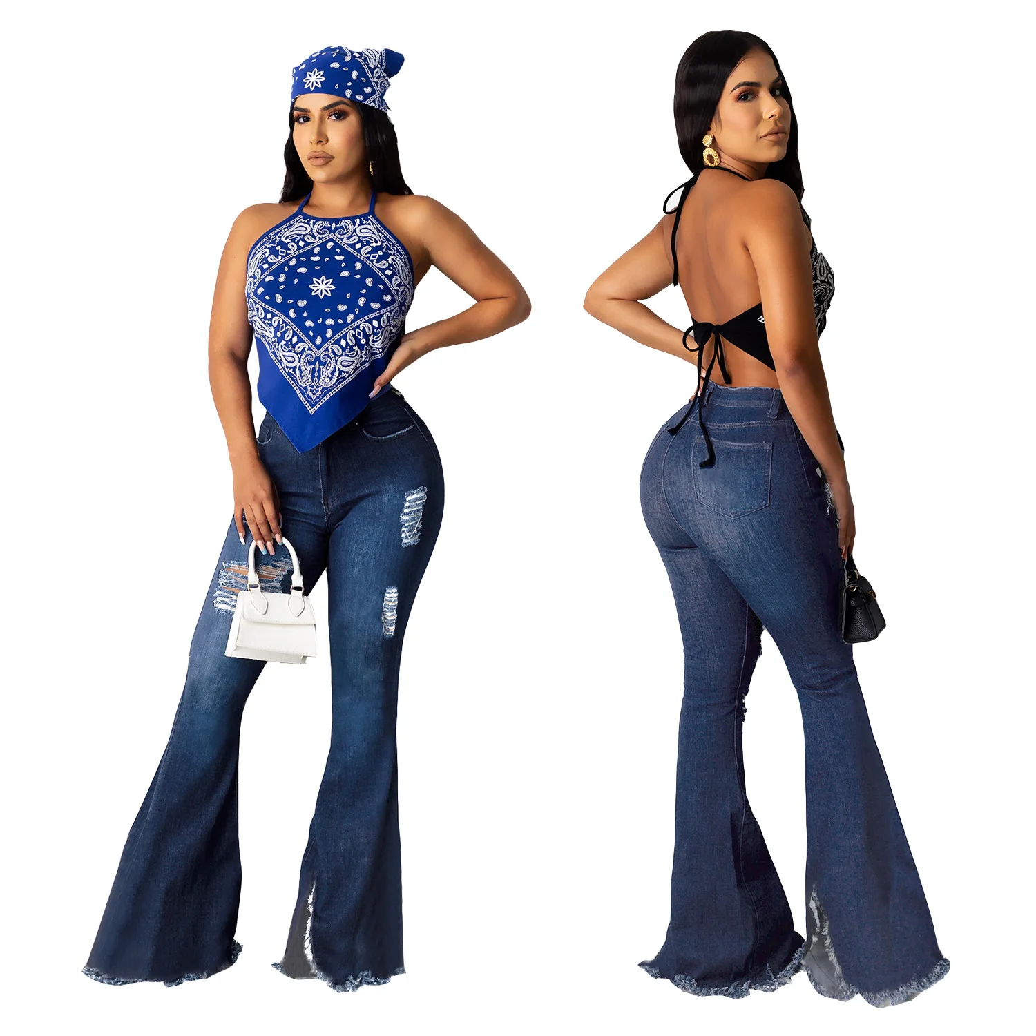 

Европейско-американские сексуальные, облегающие расклешенные джинсы. Новые модные потертые рваные джинсы с бахромой и высокой талией Four Seasons для женщин