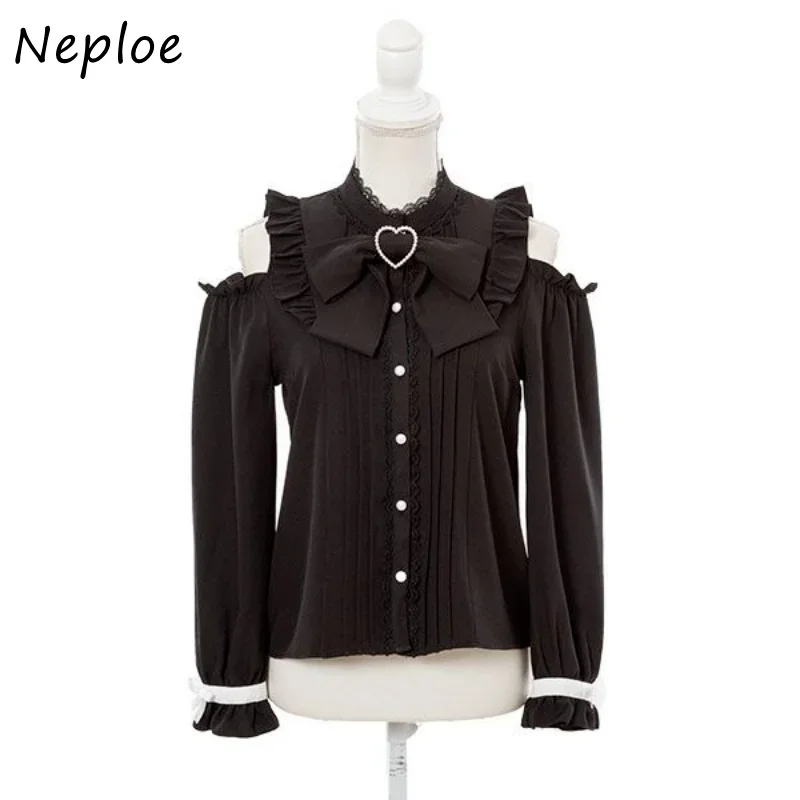 Neploe O Neck Lace Patchwork Bowknot Off-shoulder Shirts Vintage Blusas Mujer De Moda 2024 Long Sleeve Single-breasted  Blouses