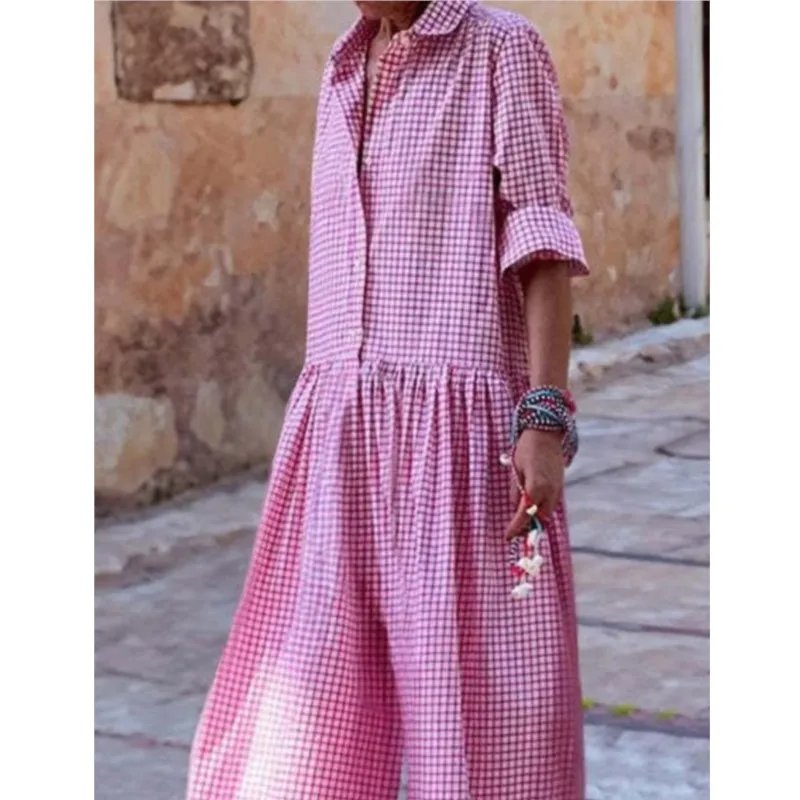 Women's Loose Casual Plaid Printed Jumpsuit Fashion Lapel Single Breasted Half Sleeve Wide Leg Jumpsuit Spring Autumn Lady New