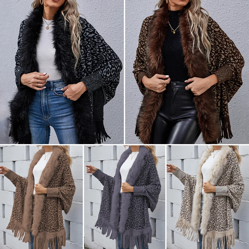 

Women Tassel Shawl Scarf Leopard Color Faux Fur Collar Ponchos Thick Warm Knitted Capes Cardigan Autumn Winter Coats & Jackets