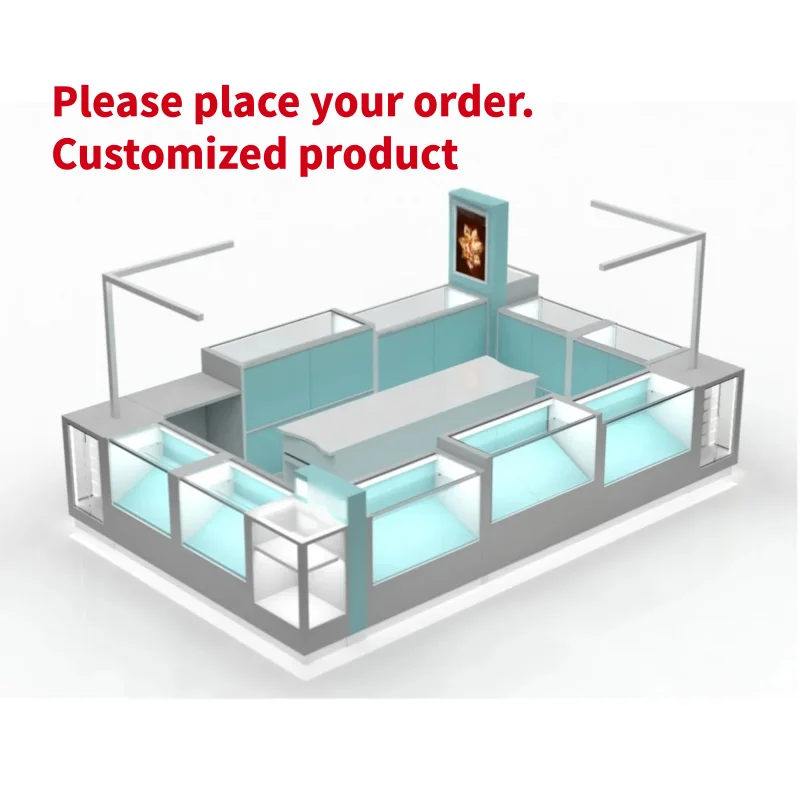 custom.Custom Luxury Mall Jewelry Kiosk Blue Retail Watch Display Island Showcase with LED