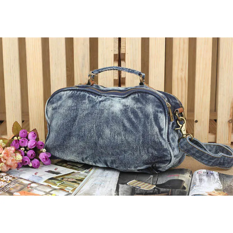 Denim Retro Unisex Large Capacity Multiple Pockets Handbag Shoulder Messenger Crossbody Bag Jean Women Purse