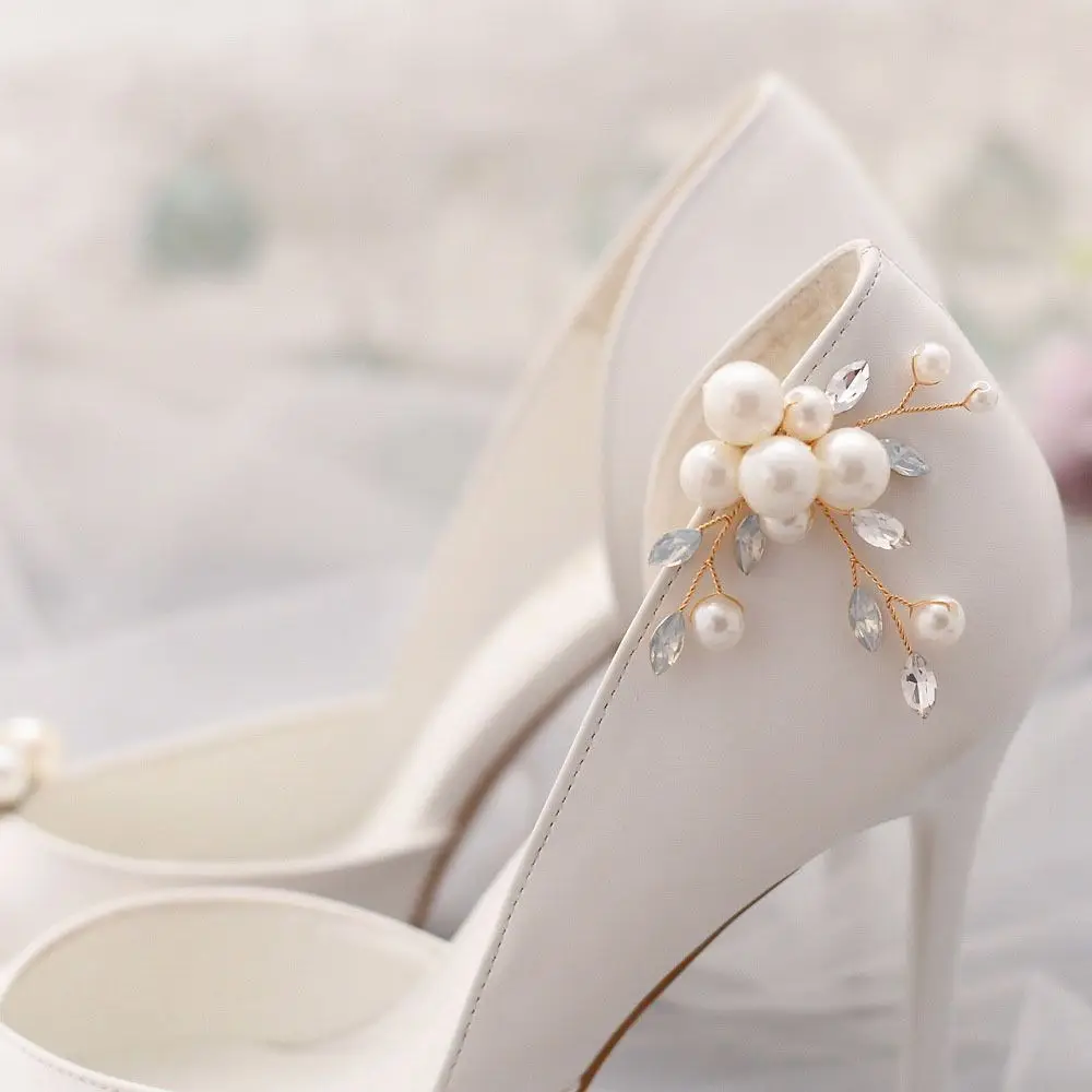 1Pair DIY Wedding Shoes Accessories Detachable Rhinestone High Heels Shoe Buckle Pearl Beads Elegant Bridal Shoes Decoration