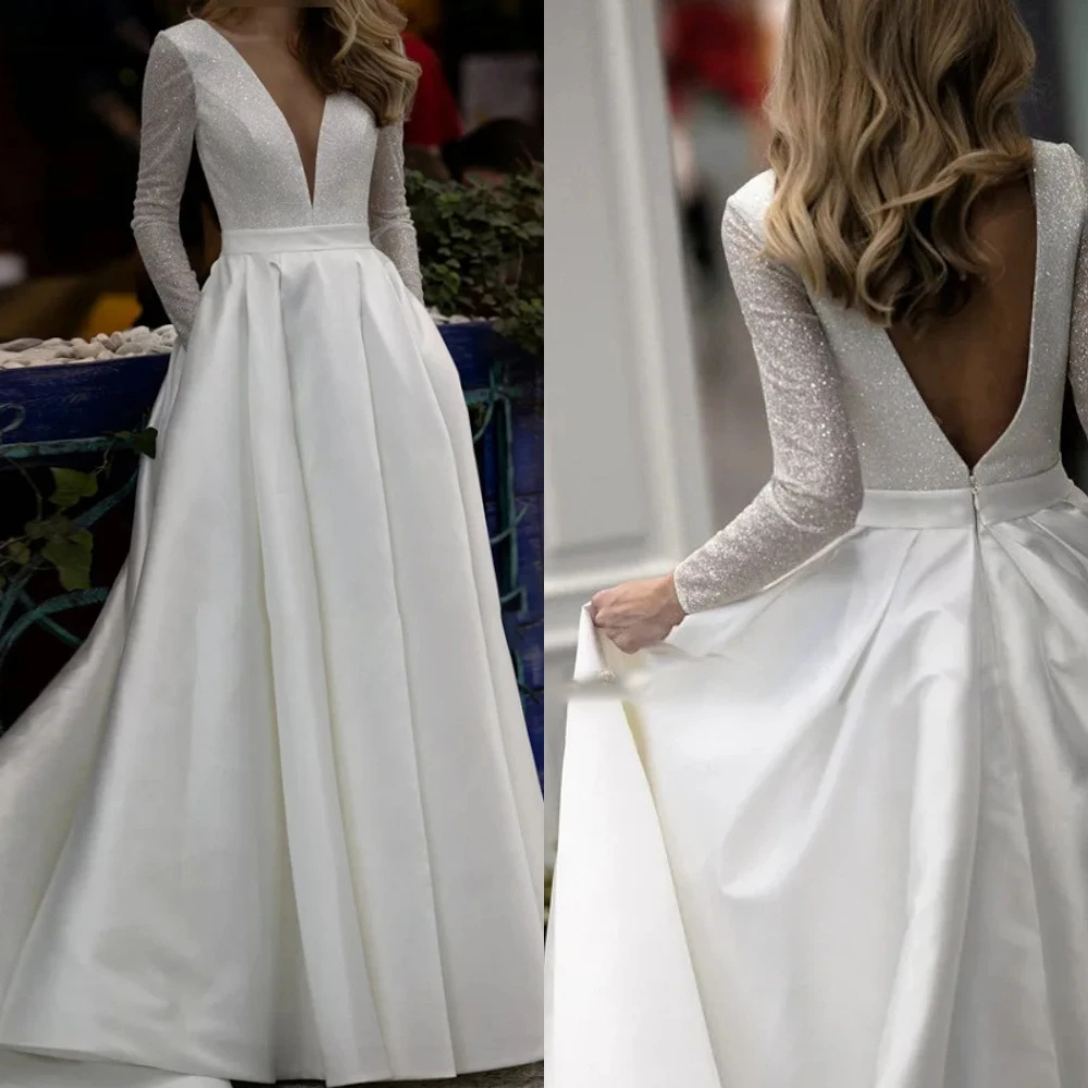 

Customized Elegant Satin Long Sleeves Wedding Dress Simple A-Line Sweep Train Zipper Back Bridal Gowns Formal Evening Dresses