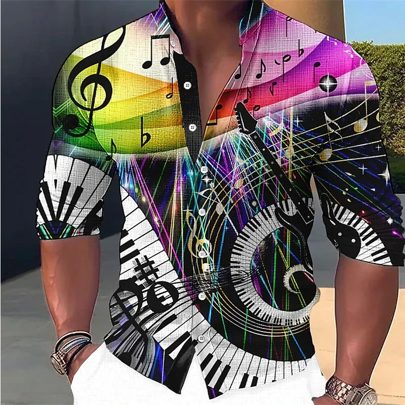 

2024 Linen Fashion 3D Standing collar men's shirt Cool Music Festival Notes Piano keys HD printed long Sleeve party fashion loos