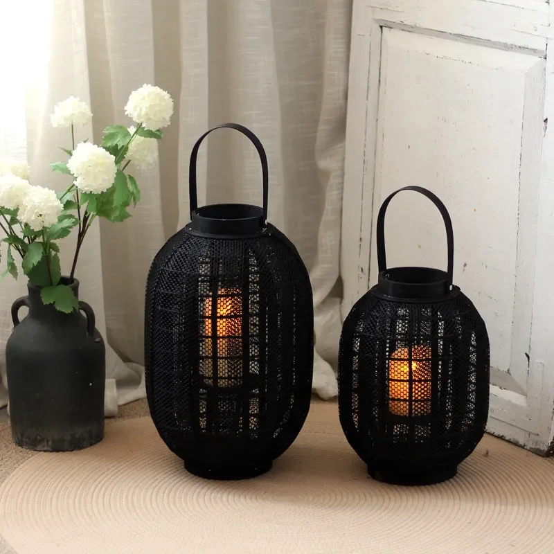 Modern Chinese Style Wooden Mesh Candle Holder Decorative Table Lamp for Villa Courtyard Homestay Model Room Interior