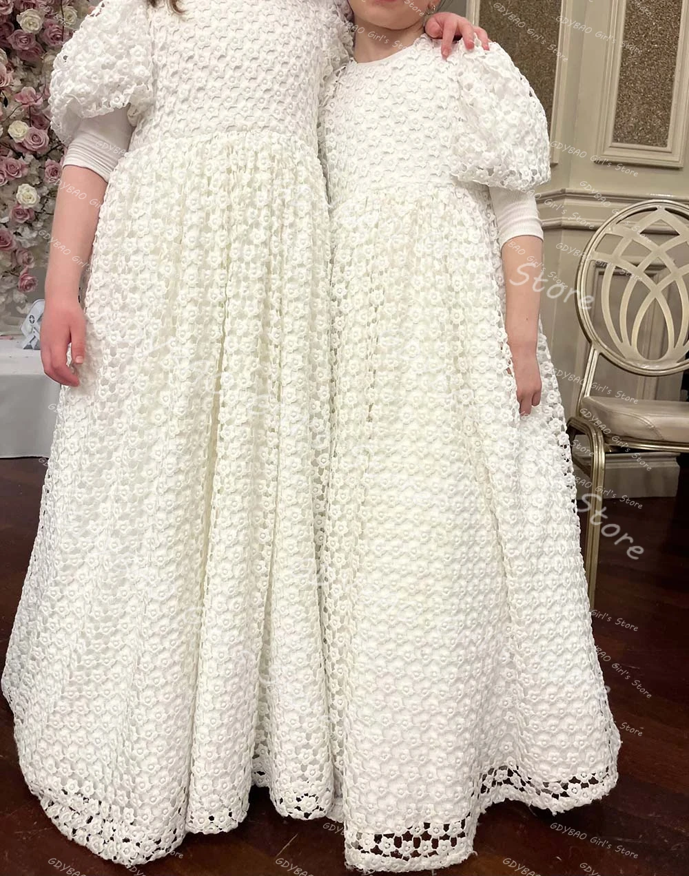 Vestidos de niña de flores de encaje ahuecados para boda princesa cintura alta niño bonito desfile manga de globo vestido de primera comunión