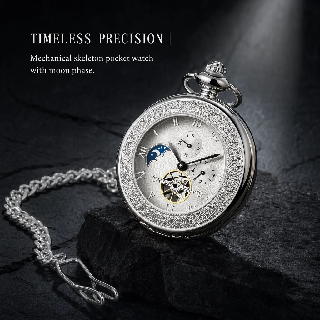 

Vintage Mechanical Pocket Watch with Moon Phase Skeleton Dial Hand Wind Retro Pendant Clock with Chain for Men Women