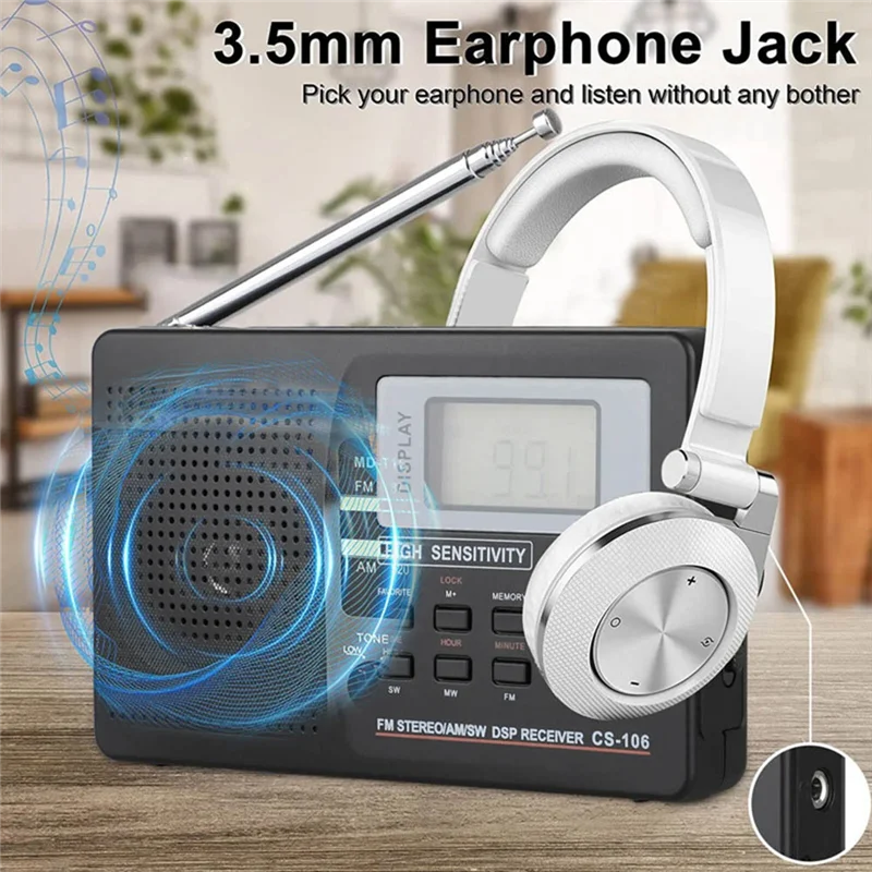 Hfes rádio de banda completa am/sw/lw/tv/fm receptor de frequência completa recebendo rádio fm com cronometragem despertador rádio portátil