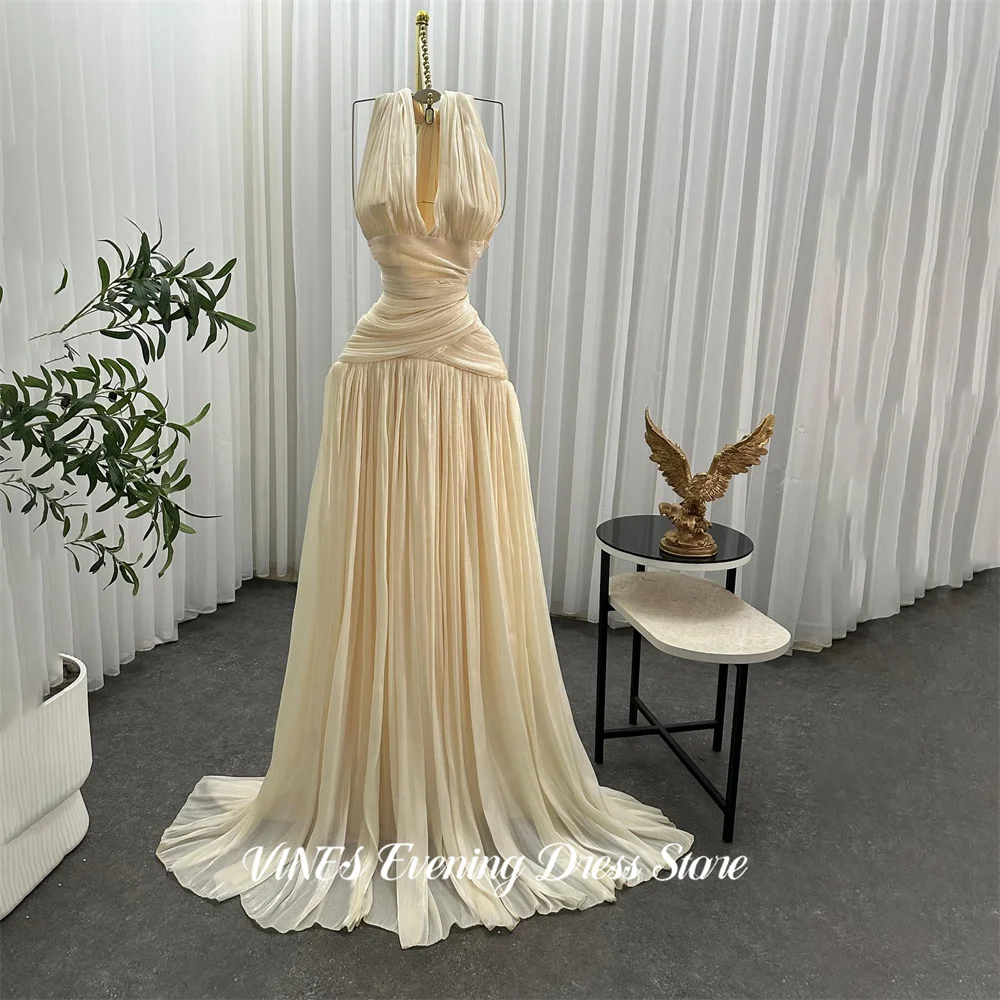 

VINES Champagne Party Dress Halter Neck Ruched Evening Dress with Pleated A Line Party Gown Lace Up Back Prom Gown Customized