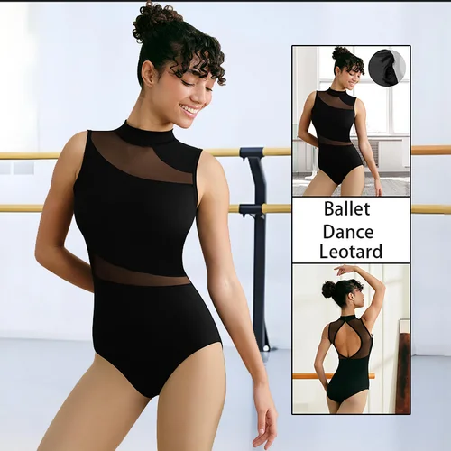 Leotardos de baile de Ballet sin mangas con cuello simulado para mujer, camisetas sin mangas de gimnasia para adultos con espalda hueca grande y ropa de baile con forro suave