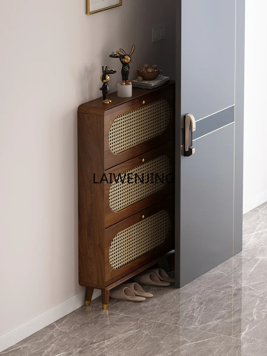 Chinese rattan ultra-thin shoe cabinet, solid wood bar tipping bucket at the door of the home, black walnut entrance cabinet