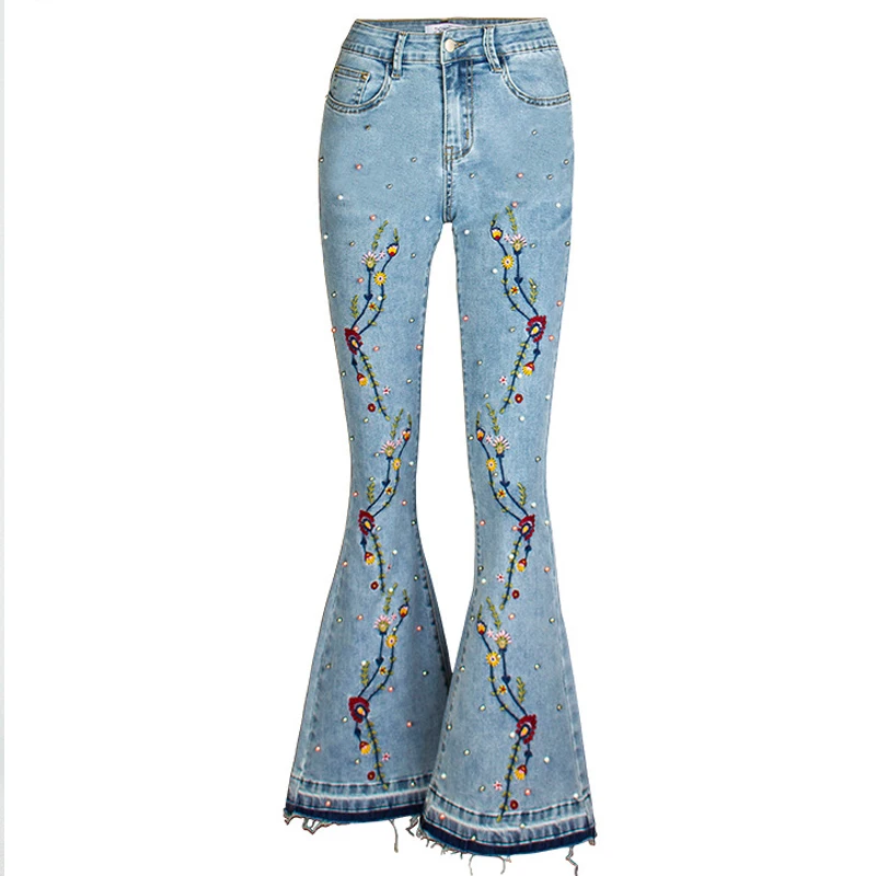 High Waist Stretch Pearl Jeans Embroidery Diamond Floral Women Flare Pants Wide Leg Denim Trousers Boot Cut Beaded Bell Bottom