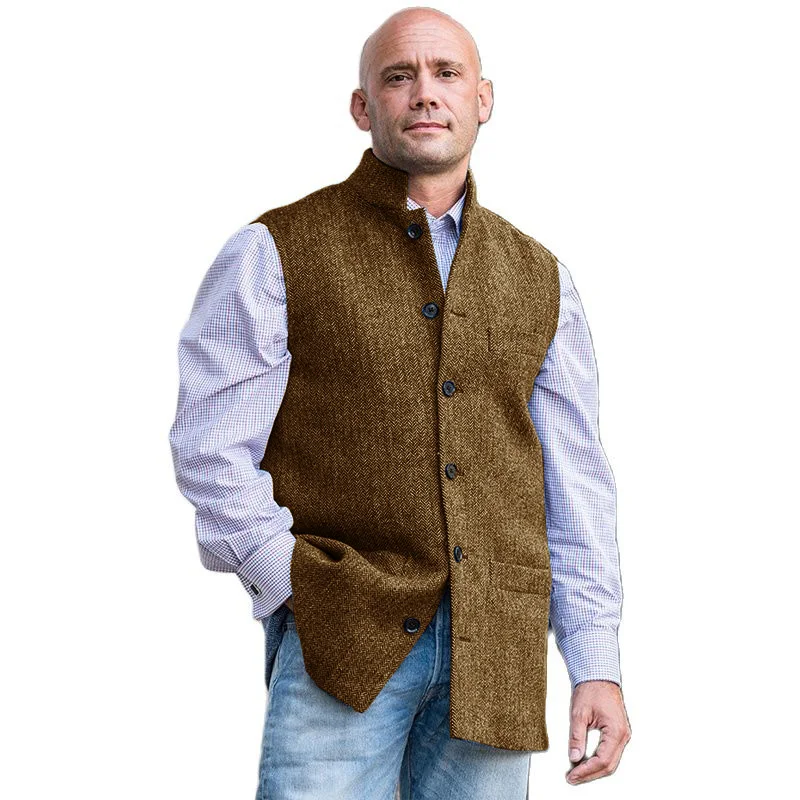 Men\'s Suit Vests Vintage Wedding Vest Brown Stand Collar 2 Pocket Herringbone Wool Tweed Business Waistcoat for Groomman 2022