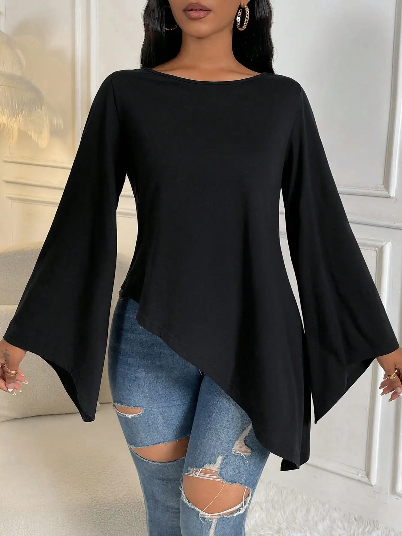 2024 new flared sleeve solid color leisure versatile V -neck fashion T -shirt women