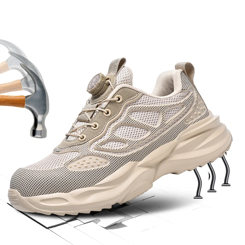Coppia di moda Scarpe antinfortunistiche da lavoro Pulsante rotante Punta in acciaio Scarpe da uomo Scarpe da ginnastica da lavoro di grandi dimensioni Scarpe protettive antiforatura
