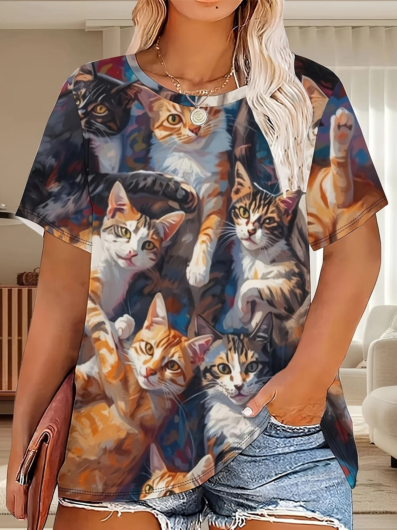 Women's T-shirt Realistic Multiple Cat Group Print Short Sleeve Top Summer Casual Round Neck Loose Animal Daily Ladies Clothing