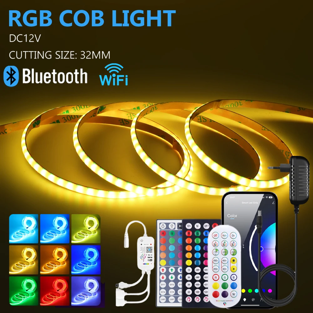 5mm PCB RGB COB 12V WIFI Bluetooth LED Strip Light Remote Control Flexible Tape 576Leds/m EU US UK AU Plug Home Decor 0.5m 1m 5m