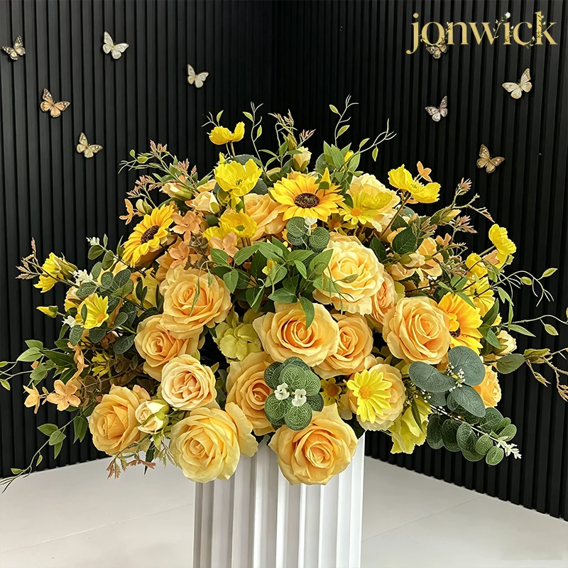 Gelber 30-80cm großer künstlicher Rosen-Pfingstrosen-Blumenball für Tischdekorationen, 5D Hochzeitstisch-Accessoires, Bühnen- und Gangdekoration, Blumenball – Detail 4