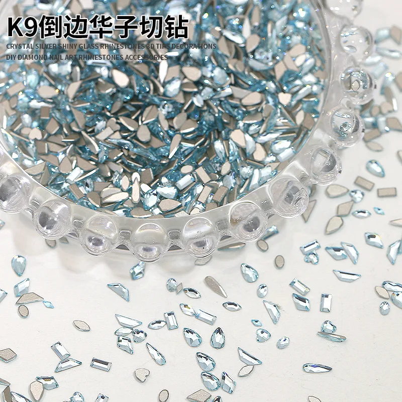 50PCS SHINY MINI Light Lake Blue Chamfered K9 เพชร Flatback คริสตัลเล็บ Art Rhinestones ตกแต่งเล็บ TOP เครื่องประดับ