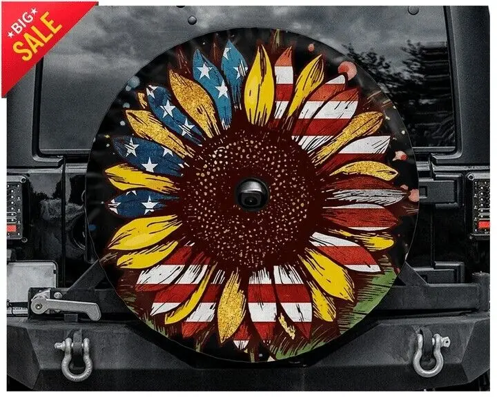 

Hippie Sunflower Spare Tire Cover 32" Camera Hole American Flag Hippie Peace